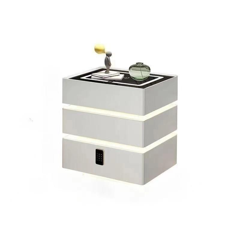 Solid Wood Floating Bedside Table with Wireless Charging & Three Drawers — Modern Light Luxury Bedroom Cabinet