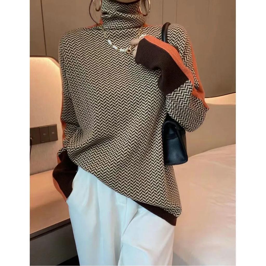 Ladies' Autumn and Winter Long Sleeved High Neck Color Blocked Western-style Plaid Base Shirt, Fashionable and Versatile Pullover Women's Inner Outfit