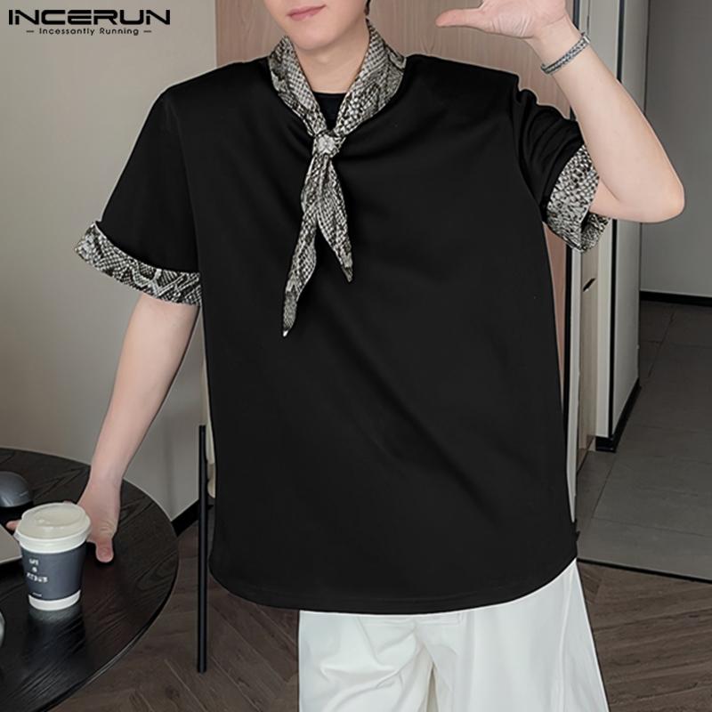 INCERUN Mens Tie Up Short Sleeve Leopard Stitching Casual T-shirts Tops