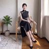 Cheongsam women's new Chinese black sleeveless knitted composite crisp fabric embroidered improved cheongsam daily wear retro