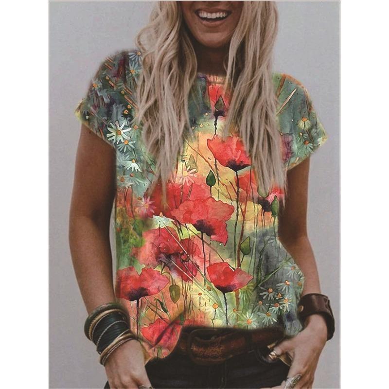 Summer Round Neck 3D Flower Print Top Fashionable Casual Short Sleeved Women's T-shirts