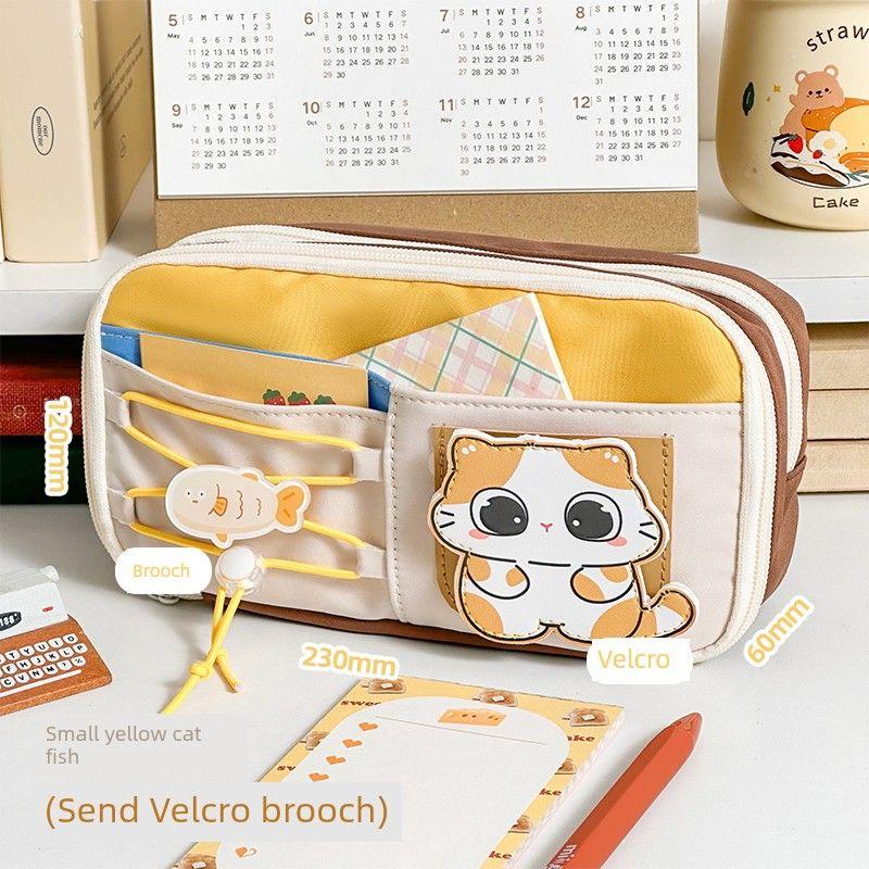 

Grade Three Class Two Large Capacity Contrast Color Apple Pencil Case Good-looking Ins Wind Net Red Stationery Box for Girls Pencil Box Yellow Cat Fish (Send Velcro Brooch)