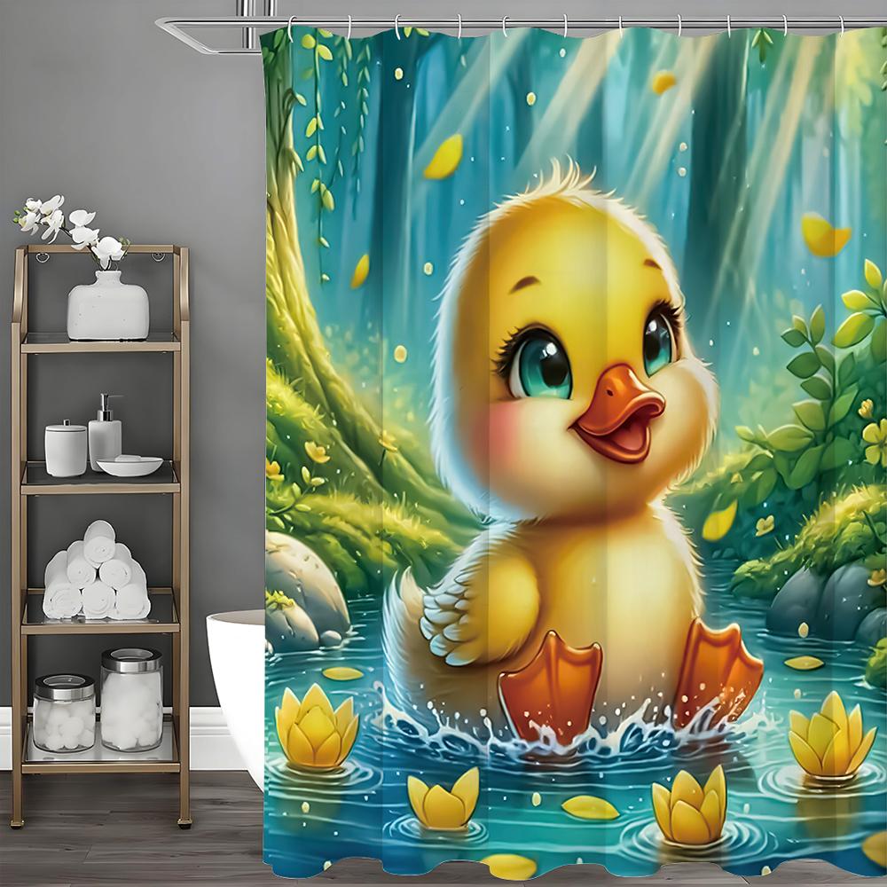 Cartoon cute yellow duck shower curtain, bathroom decorative shower curtain, waterproof shower curtain with hooks