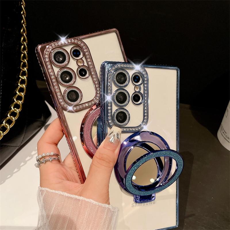 For Samsung Galaxy S24 Ultra Luxury Plating Diamond Frame Flash Mirror Stand Holder Phone Case For Samsung S22 S23 S25Plus Cover