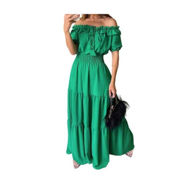 Women Summer Off Shoulder Dress Ruffle High Waist A Line Beach Maxi Dress Long Flowy Short Sleeve S зелёный