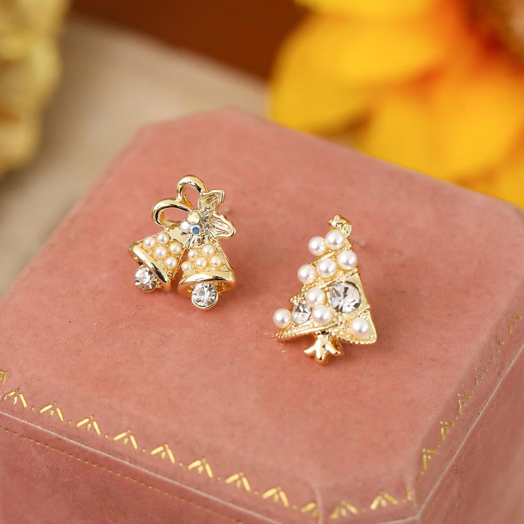 Korean Design Pearl & Jingle Bell Gold-Plated Christmas Tree Stud Earrings