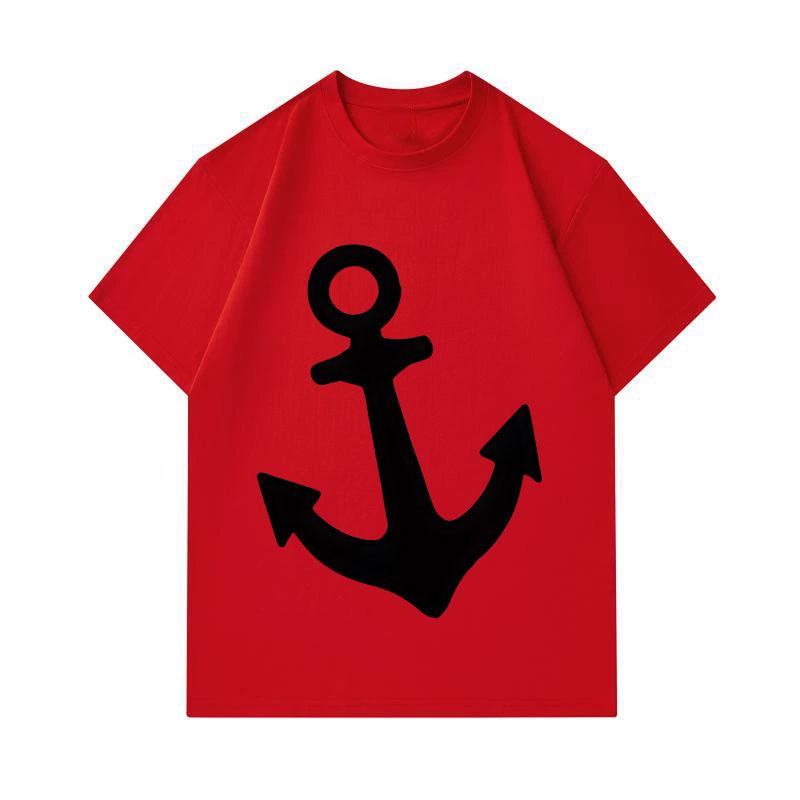 Men's 100% Cotton Crew Neck Short Sleeve T-Shirt, Casual Black Minimalist Anchor Print Comfortable Breathable Loose Fit Summer Daily Top for Naval Nau