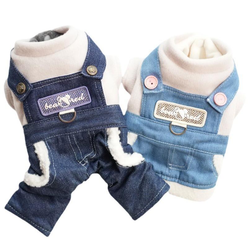 Dog Denim Jumpsuit Set Thick Fleece-Lined Warm Outfit Small Breeds Like Bichon Teddy