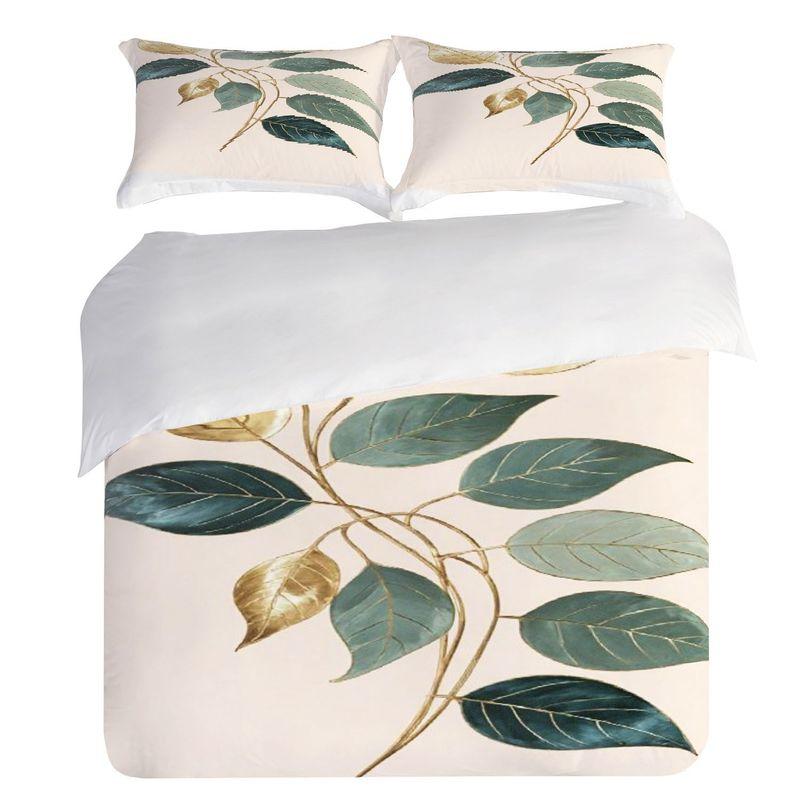 Pillowcase,Quilt Cover Three-Piece Set,Bedding,Light Peach Base Color,Exquisite Leaf Style,Golden Brown Branch Pattern,