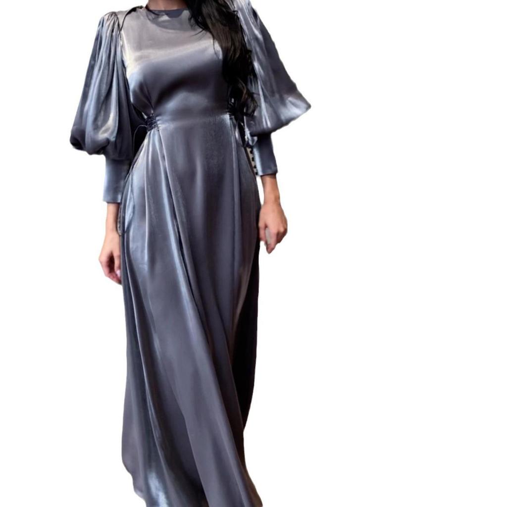 European and American Autumn New Style Lantern Sleeve Long-sleeved Satin Slim-fit Strap Dress Long Dress for Women