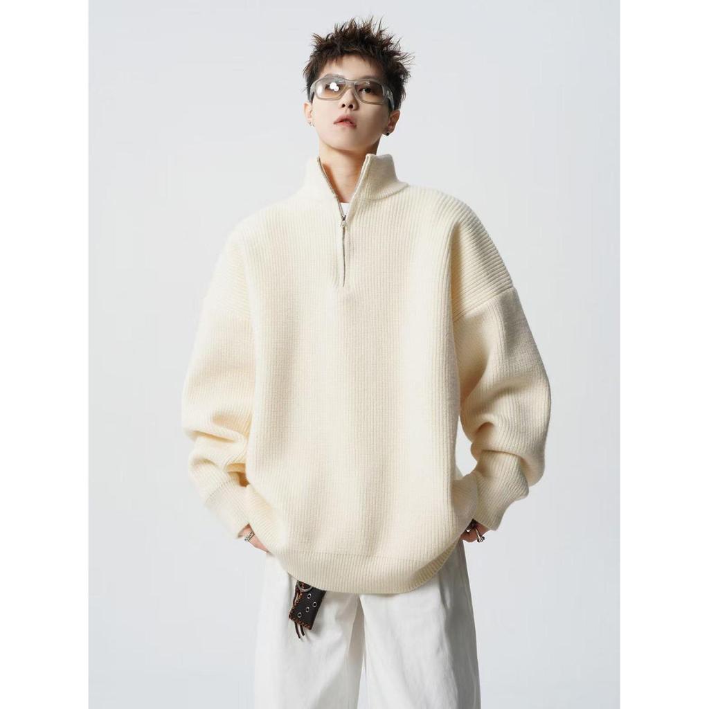 Men's High-Neck Half-Zip Loose Knit Sweater - Retro Style, Solid Color, Versatile for Autumn/Winter.