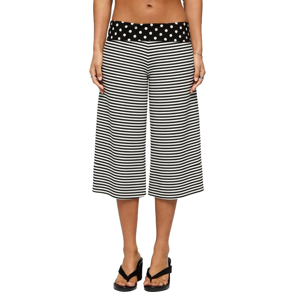 Pantaloni a Palazzo Corti da Donna con Vita Pieghevole e Stampa Pois Tessuto Morbido ed Elastico Stile Casual