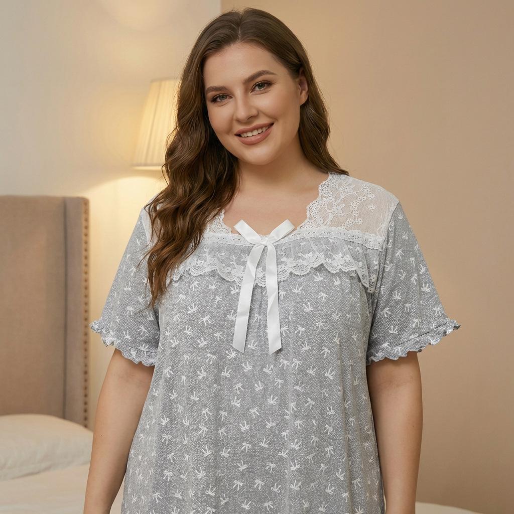 TIFICY Women's Fashion Summer Spring Lace Print Short Sleeve V‑Neck Loose Casual Nightgown
