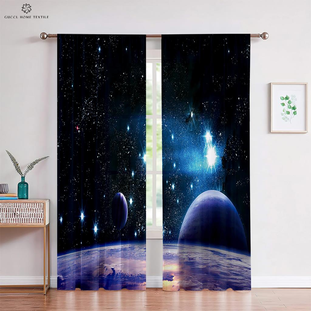 Vorhang mit Sternenhimmel-Landschaftsdruck, Stangentasche, Dekorativ, Schlafzimmer, Wohnzimmer, Arbeitszimmer, Maßanfertigung, 2 Stück