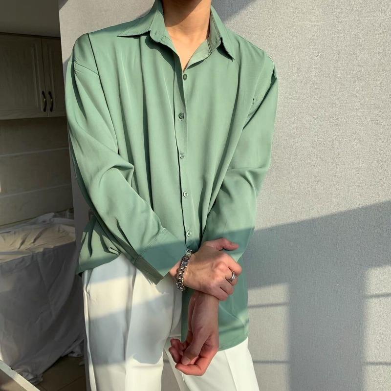 Pánská černá saténová košile na knoflíky Ležérní Oversized Streetwear Top