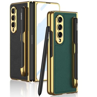 Tenké puzdro z obyčajnej kože pre Samsung Galaxy Z Fold 4 5g Fold4 Puzdro so slotom na pero HD Trempered Ochranný kryt proti pádu Fold4