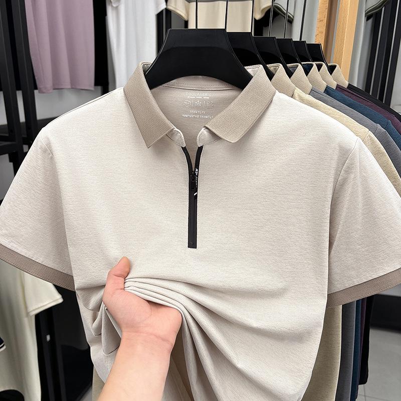 2026 Men's Cool Drape Zipper Polo - Short Sleeve, Elastic, Versatile Lapel T-shirt for Middle-aged & Young.