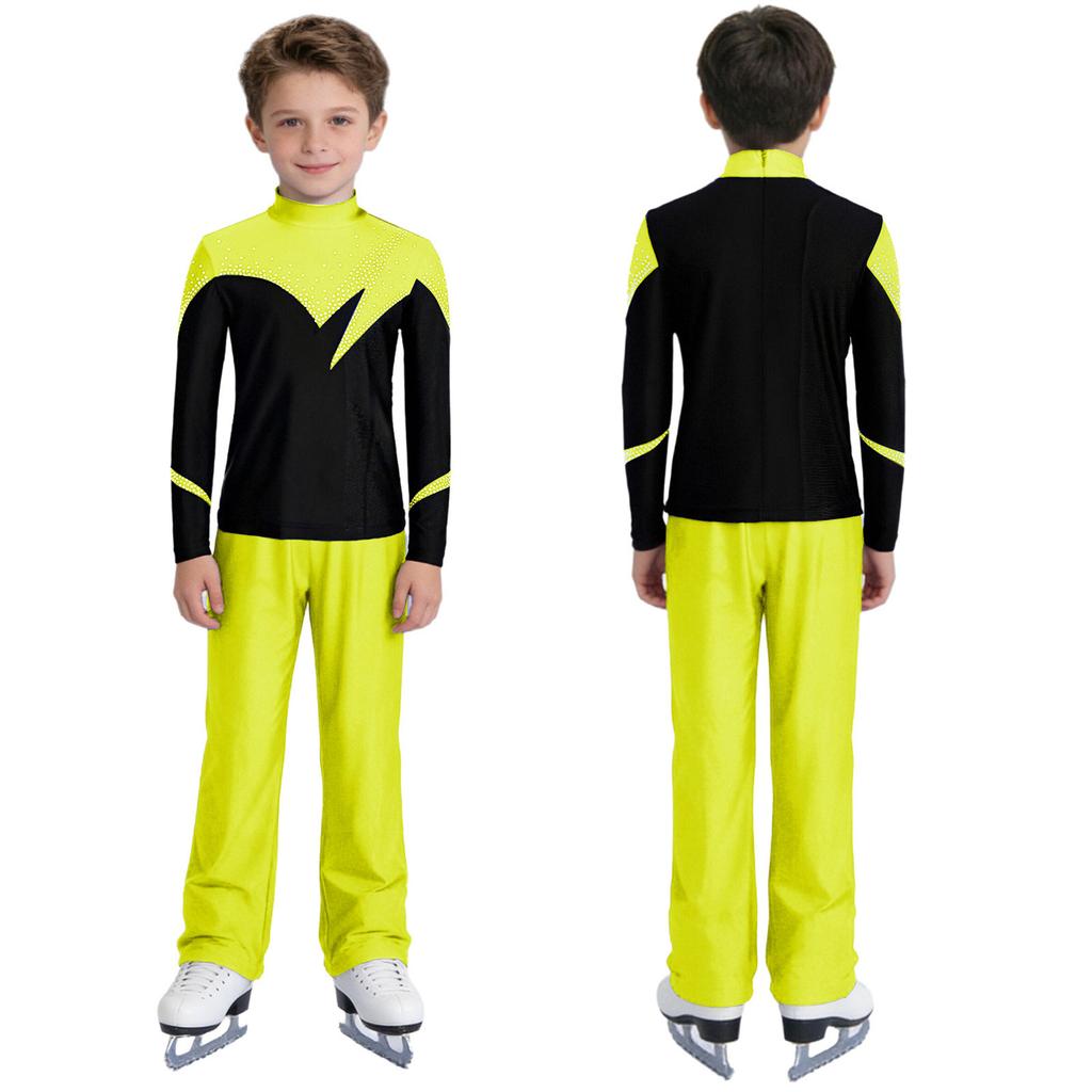 Kids Boys Figure Skating Outfit Mock Neck Long Sleeve Back Invisible Zipper Color Block Shiny Rhinestones Top with Elastic Waistband Pants Competition
