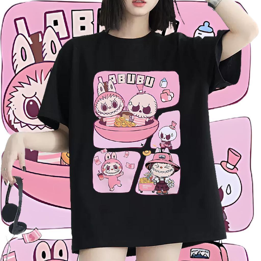 Fashion LABUBU Women Oversized Round Neck Korean Style New Summer Loose Short Sleeved Clothes
