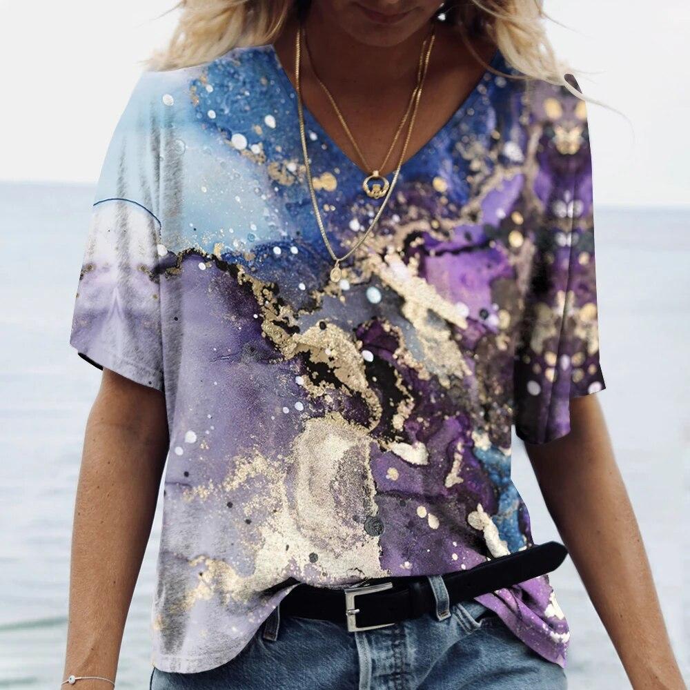 Summer Fashion Textured 3D Print T-shirts Women Casual Streetwear Short Sleeve V-Neck T Shirt Harajuku Tees Tops Clothing