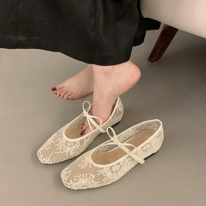 Fashion New Design Flat Shoes for Women Square Head Shallow Mouth Mesh Fabric Embroidery Butterfly Knot Soft Sole Single Shoes Mujer