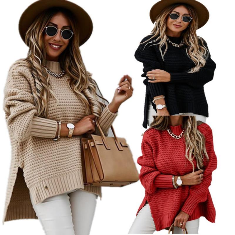 Autumn Half-high Collar Loose Solid Color Long-sleeved Side Slit Knitted Sweater Women
