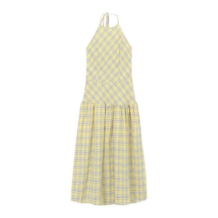 Neck Skirt Dress Women's Summer New Suspender Skirt Yellow Plaid Waist Backless Vacation Dress