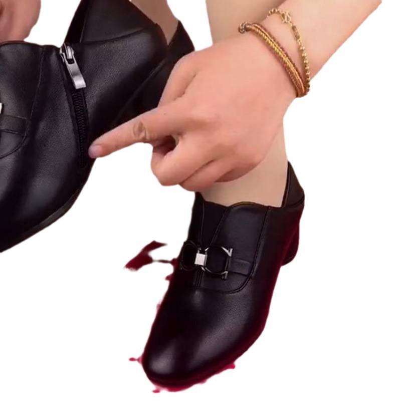 Soft leather single shoes women's 2025 spring new models new versatile mother thick heel soft sole round head small leather shoes black solid color