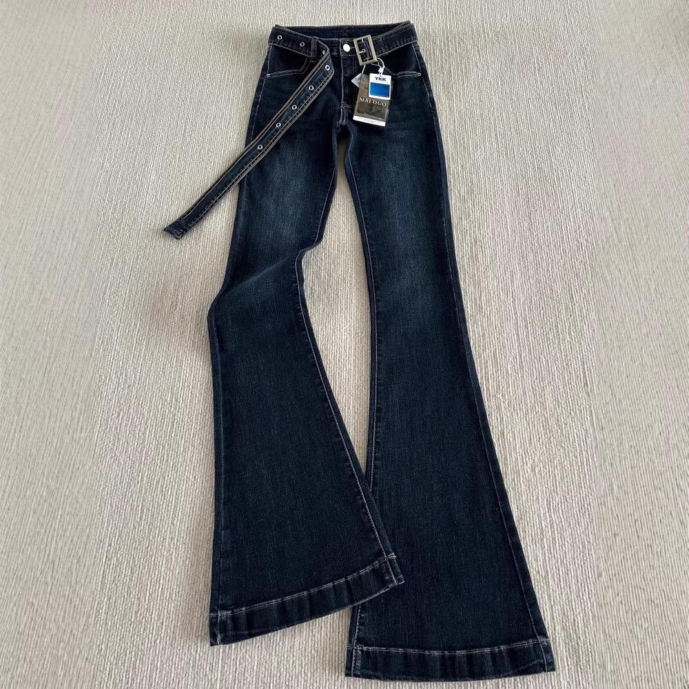 Women's Retro Dark Blue Micro Flare Jeans - Low Rise, Plus Velvet, Elastic Slimming, Bell Bottoms for Autumn/Winter.