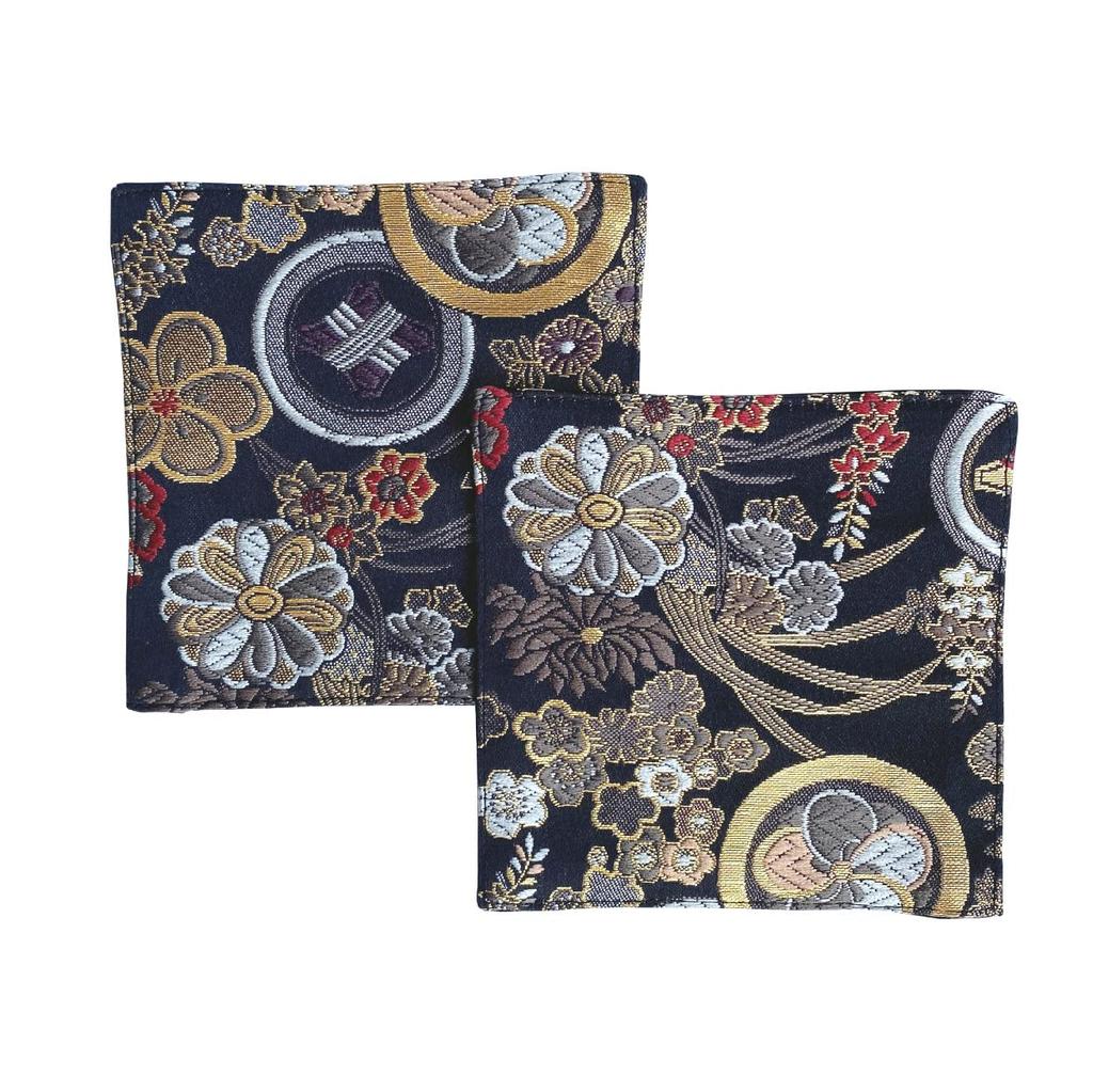 Set of 2 Gold Brocade Coasters [Black Flower Pattern] Coasters, Gold Brocade, Nishijin-ori, Japanese Pattern, Kyoto, Gold Ran, Black