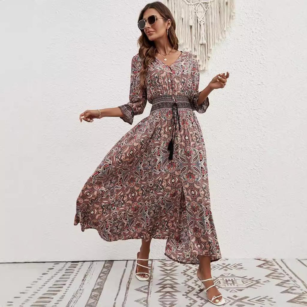 Real shot human cotton positioning printing seven-quarter sleeve waist bohemian dress travel vacation breasted beach dress