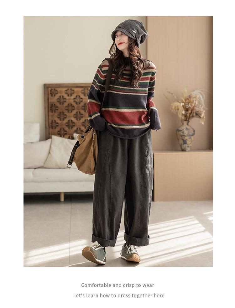 2025 Winter Striped High Neck Wool Knit Top for Women