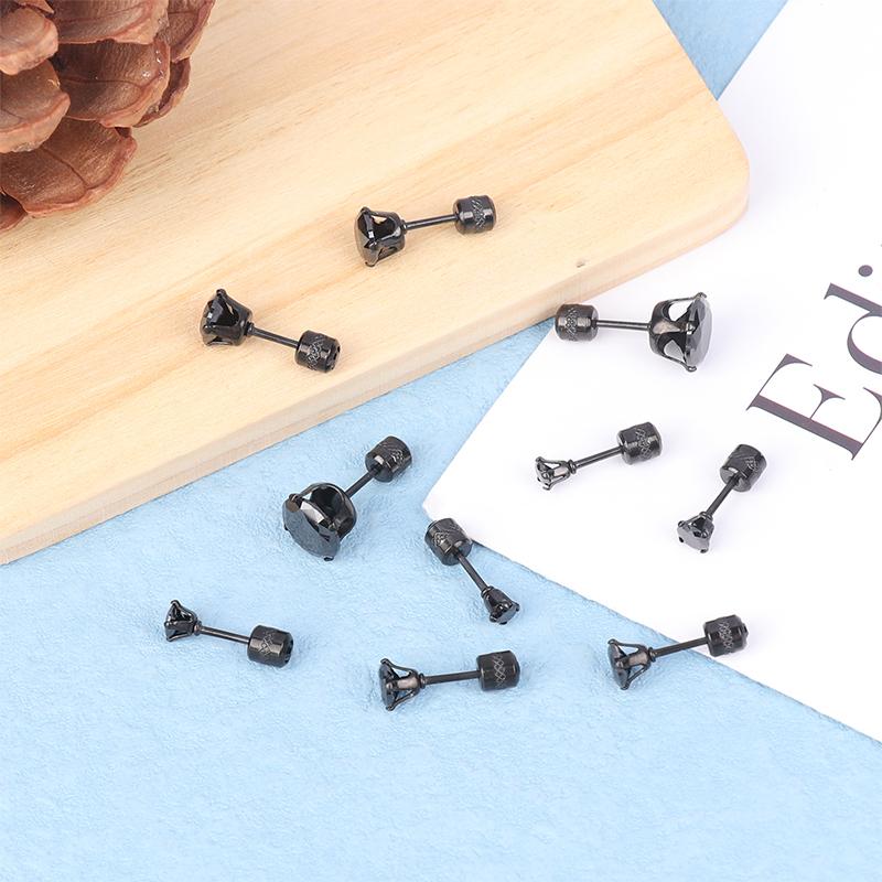 3-8Mm 1Pair Cubic Zirconia Titanium Stainless Black Diamond Zircon Stud Earrings For Women