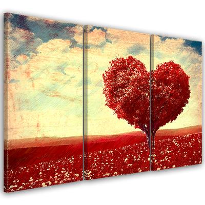 Třídílný obraz na plátně Red Heart Tree Landscape
