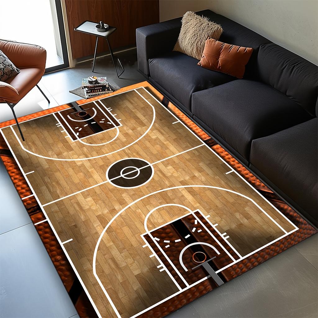 Basketball Court Design Area Rug - Crystal Velvet Mat, for Living Room, Bedroom, Game Room or Dorm Decor