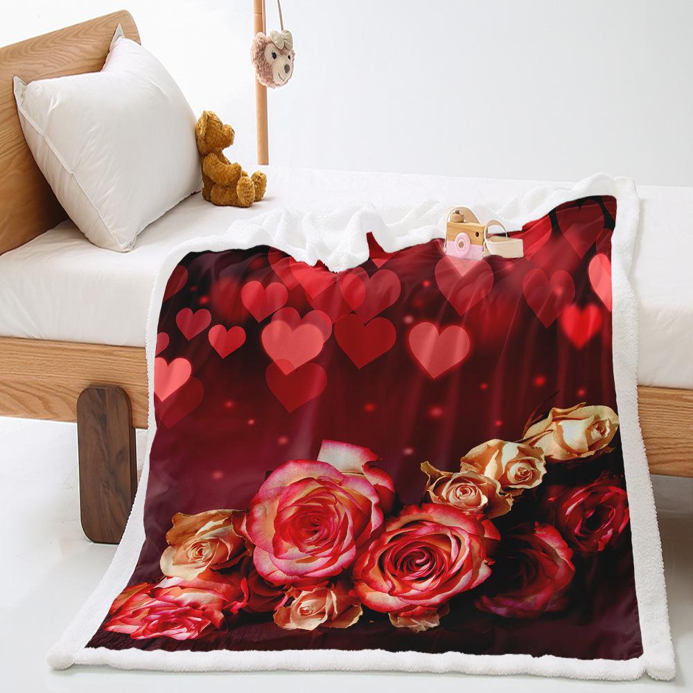 Valentine's Day Rose 2D Digital Printing Thickened Lamb Fleece Crystal Fleece Blanket One Piece Blanket