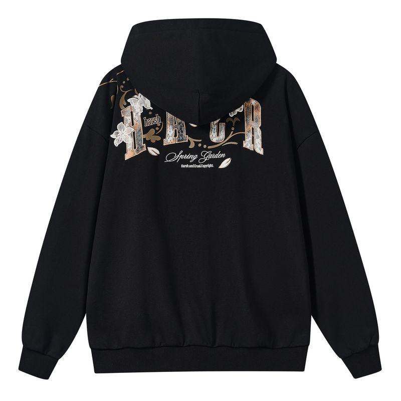 

Hacr Fire Lace Patch Embroidered Hoodie National Trendy Brand Loose Couple Outfit Embroidered Sweatshirt for Men and Women Classic Black XL