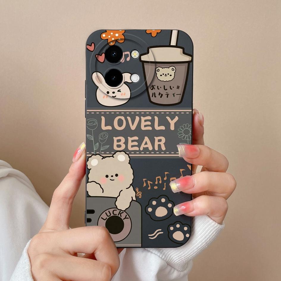 Cute Bear Cartoon Pattern Shell For Vivo T3x Y03 Y28 Y38 Y200i T3 X Cover Bumper Screen Protector Lens Protection Liquid Silicone Soft Phone Bags Case