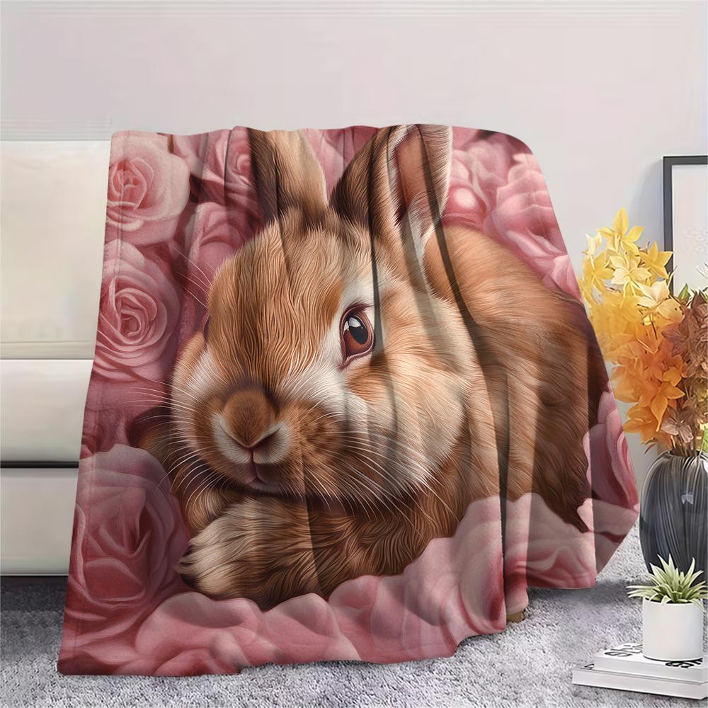 Rabbit and Flowers pattern Flannel Blanket, High quality Comfortable for All Seasons, Home Decor, Warmth and Comfort, Perfect for Gifts.