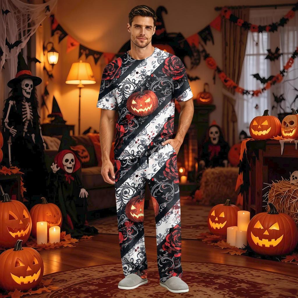 Men's Pajama Set Short Sleeve Top and Long Pants with Button Crotch and Elastic Waist Drawstring