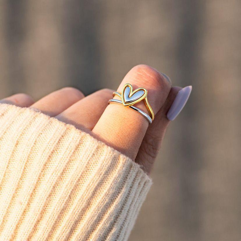 New Ttrendy Heart Rings for Women Simple Double Color Heart Ring Wedding Anniversary Gift