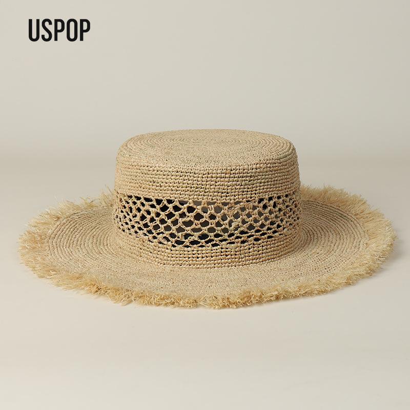 My Extreme Outdoor Activities Women's Uspop Raffia Straw Boater Hat Frayed Wide Brim Summer Beach Sun Hat Breathable Hollow Woven Flat Top Vacation Cap 56-58Cm