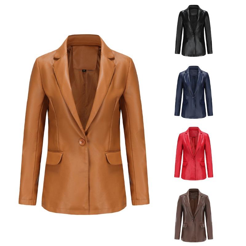New small suit long-sleeved jacket women's single-grain buckle commuter casual solid-color leather jacket