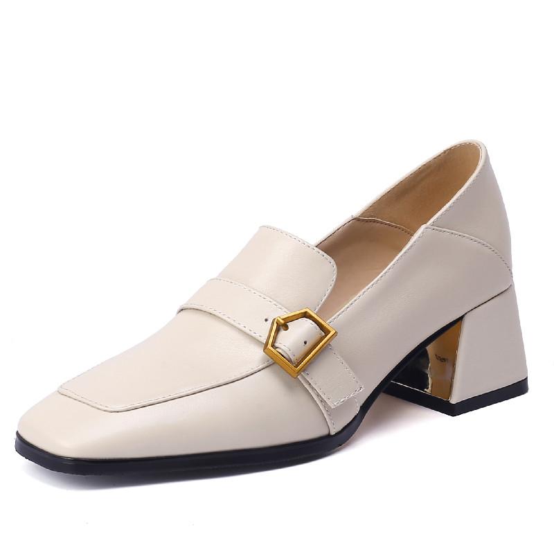 Genuine Leather Medium Heels Pumps Women Shoes Fashion Black Beige Heeled Loafers Large Size Spring Office Party Shoes Female