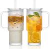 760ML Ribbed Glass Tumbler with Handle Lid 1/2/4PCS Large Iced Coffee Cups with Straws Modern Glass Mug for Cold & Hot Beverages