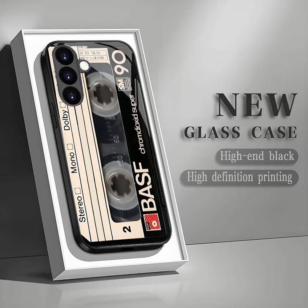 Retro-Kassetten-Hartglas-Handyhülle geeignet für Samsung Galaxy S26 S25 S24 S23 S22 S20 FE/Ultra/Plus stoßfeste Rückseite
