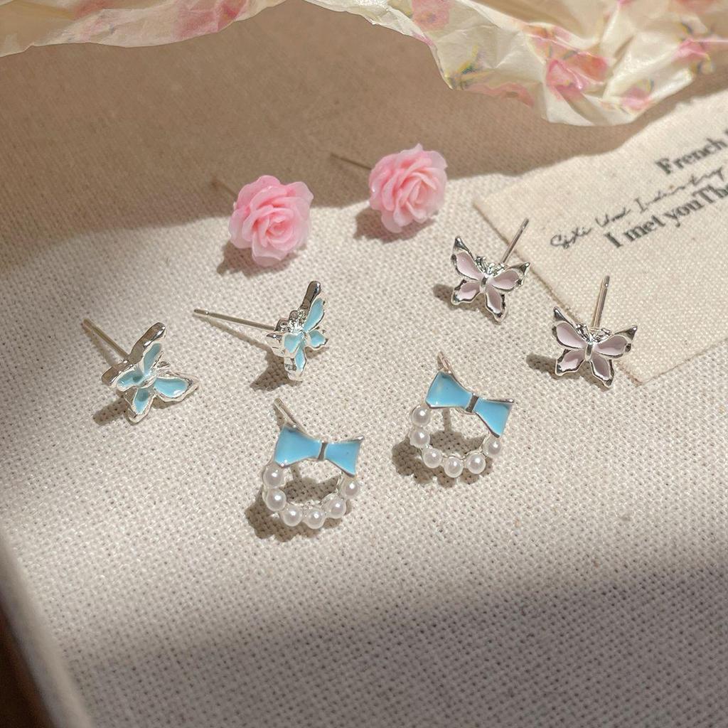 Women's Sweet Pink Rose & Butterfly Silver Earrings Set - 3 Pairs for a Fresh Summer Look