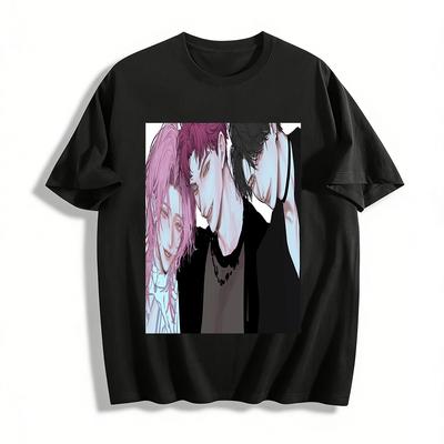 Anime Cool Handsome Trio Print T-shirt Unisex Loose Casual Top Trendy Cartoon Style Base Shirt Pure Cotton T-shirt