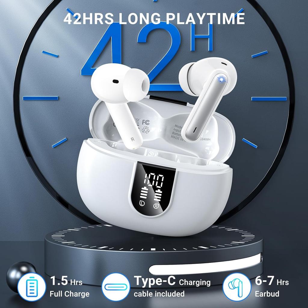 Wireless Earbuds, 2024 Wireless Headphones HiFi Stereo Earphones with 4 ENC Noise Canceling Mic, 42Hs Playtime In Ear Earbud, Bluetooth 5.3 Sport