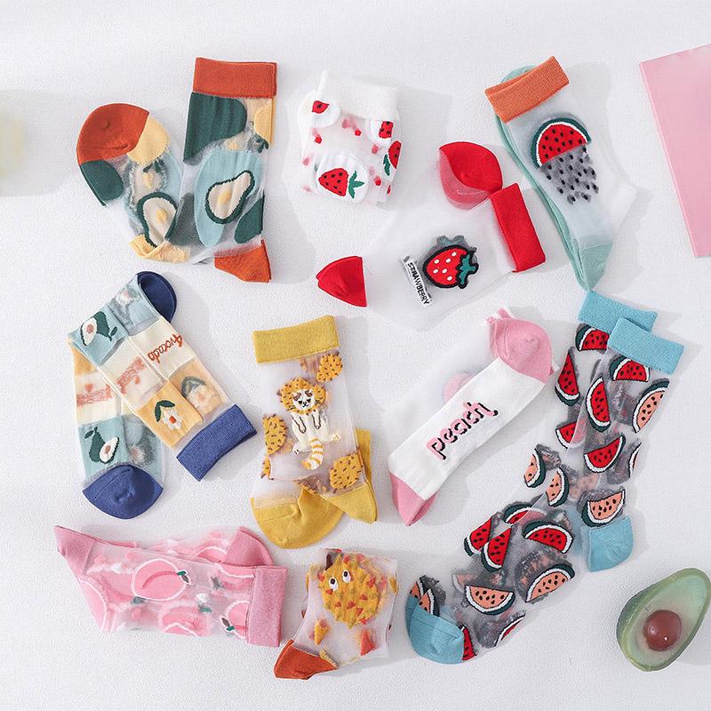 1Pair Japanese Korea Style Socks Women's Casual Creative Transparent Silk Trend Fruit Print Ultrathin Glass Silk Socks